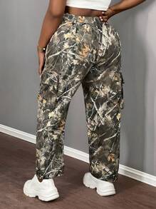 Slaydiva Pantalones holgados de carga casuales con estampado de ramas para mujeres de talla grande