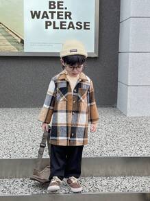 SHEIN 1set Young Boy Classic English Plaid Shirt With Black Pants, The Brown Tone Plaid Design Has A Retro Feel While Maintaining A Modern Minimalist Fashion, Decorated With Pockets And Buttons, Practical And Decorative, Suitable For Casual, Outdoor Use, Autumn & Winter