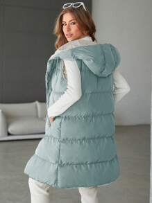 RueChic Women'S Solid Colored Zip Hooded Mid-Length Vest Padded Jacket - Mint Green - View 6
