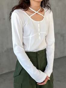 FRIFUL Women's V-Neck Long Sleeve Solid Color Casual Slim Fit T-Shirt, Spring/Fall - Beige - View 1