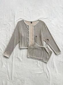 SHEIN Dreamara 大码度假尺码女式休闲杏色吊带蕾丝弹力修身羊毛背心和开衫女式上衣两件套 - 杏色 - 查看 5