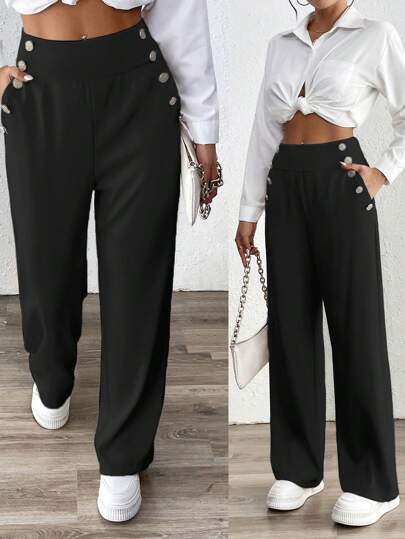 Chiquease Women's Button Decor Patch Pocket Loose Straight Casual Pants Fall Cloth For Women