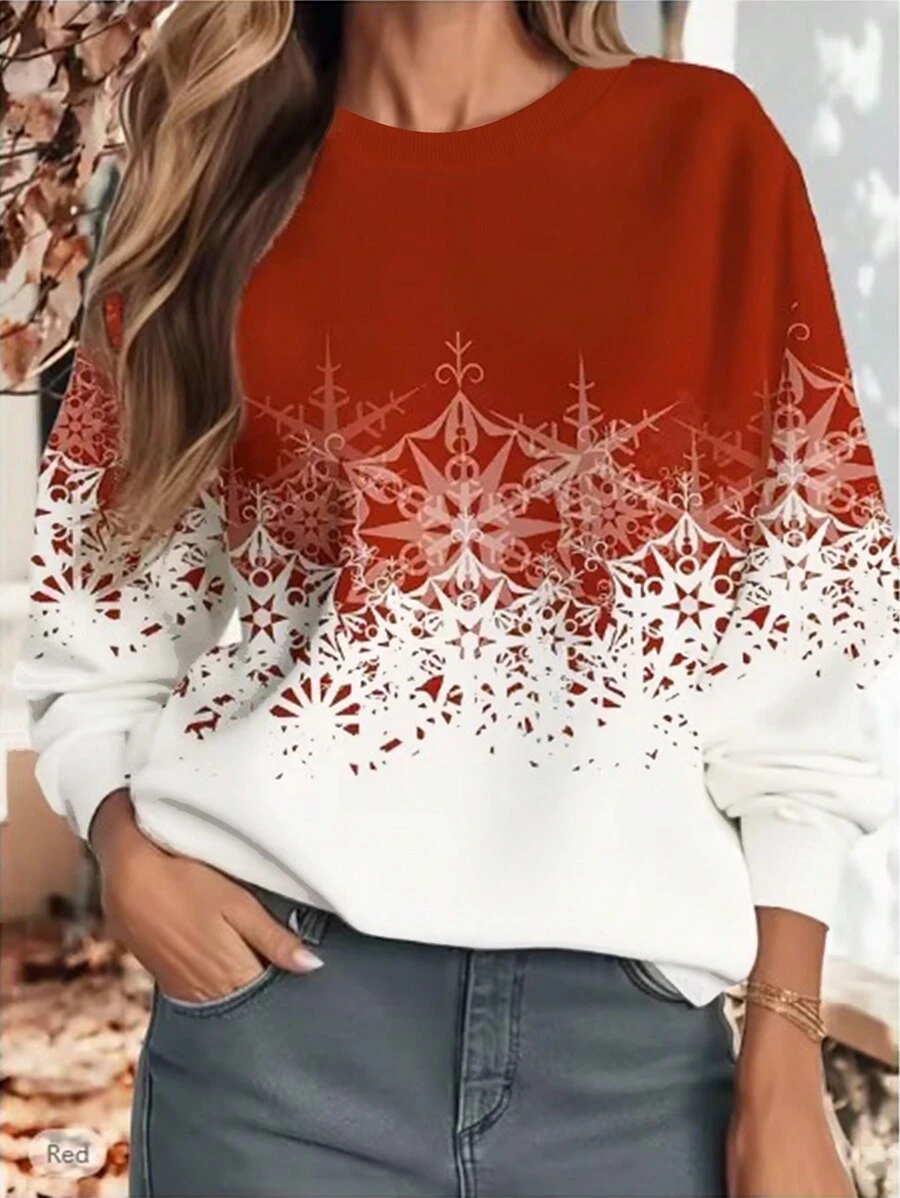 INAWLY Damen Geometrisches Muster Oversized Crew Neck Lässig Sweatshirt, Herbst/Winter Pullover - Weiss - Übersicht 1