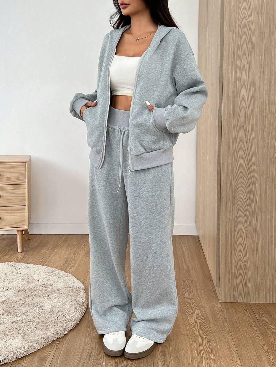 SHEIN EZwear 女士纯色落肩长袖前拉链连帽运动衫和运动裤休闲套装，春/秋 - 灰色 - 查看 1