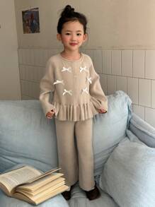 DAZY Young Girl Bow Decor Ruffle Hem Long Sleeve Cardigan And Knitted Pants Set - Khaki - View 7
