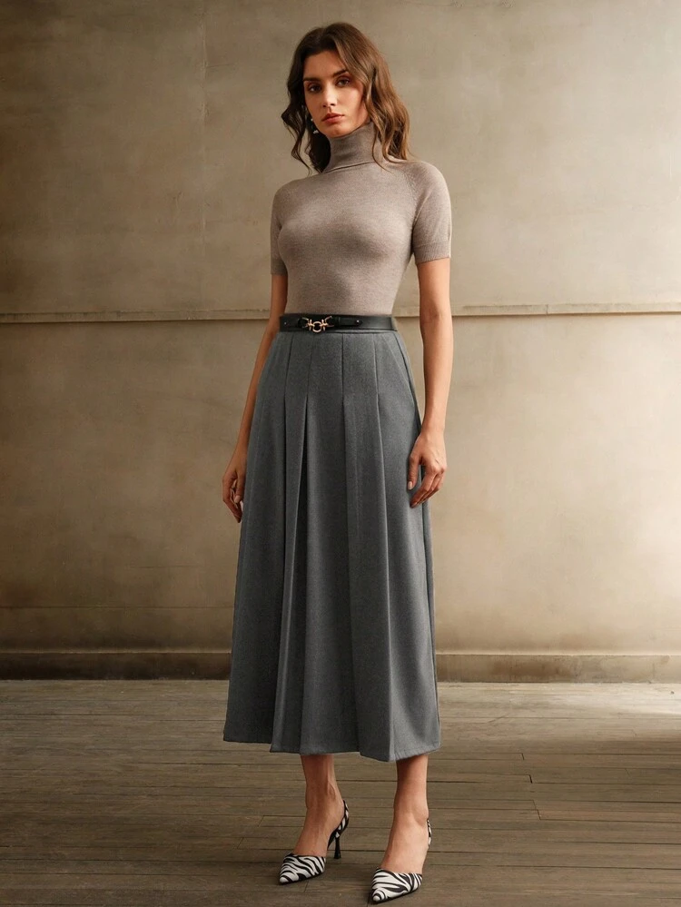 Merlot Grey Waist Belt A-Line Skirt For Women