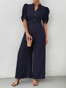 Chiquease Mono de pierna ancha con cuello en V, mangas abullonadas y cintura ceñida para mujer, verano