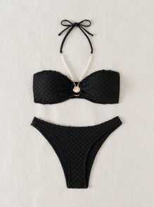 SHEIN Swim Bộ đồ bơi bikini hở lưng bằng vải họa tiết trơn màu cho nữ mùa hè - màu đen - Xem 6
