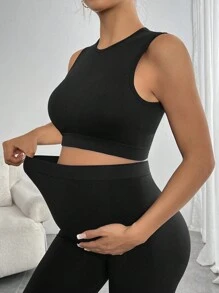 SHEIN Pregnant Women Solid Color Round Neck Camisole Casual Sportswear, For Maternity - Black - View 4