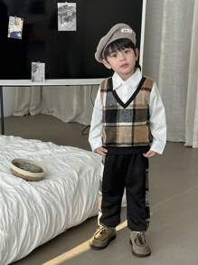 SHEIN 2 件套年轻男孩休闲格子拼布长袖上衣和裤子套装，春秋季 - 彩色 - 查看 16