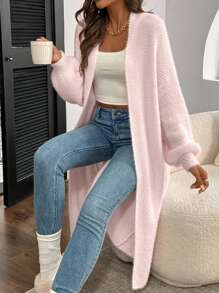 EMERY ROSE Valentine's Day Casual Pink Lantern Sleeve Furry Cardigan Fall Winter Cloth For Women - Baby Pink - View 6