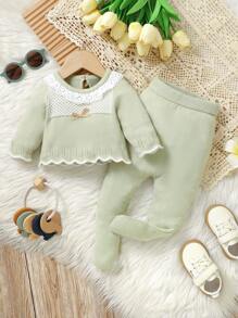 SHEIN Infant Contrast Trim Bowknot Decor Knitted Sweater And Pants Set - Mint Green - View 1