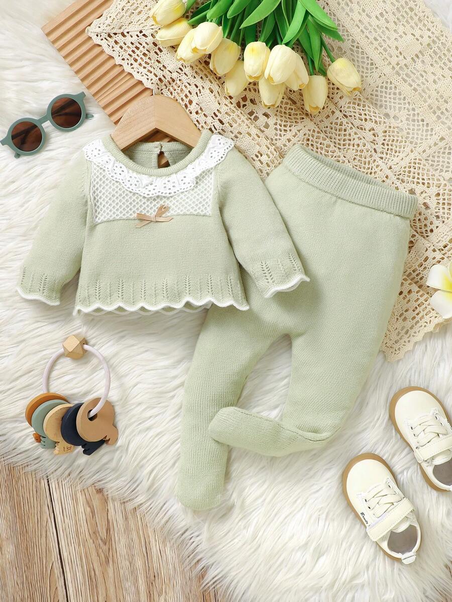 SHEIN Infant Contrast Trim Bowknot Decor Knitted Sweater And Pants Set - Mint Green - View 1
