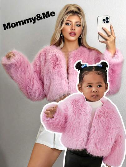 2pcs Baby Girl Fleece Warm Jacket, Simple And Fashionable Pink Matching Mother-Daughter Coats, Suitable For Outings, Gatherings, Baby Parties, And More (Sold Separately),In Fall/Winter