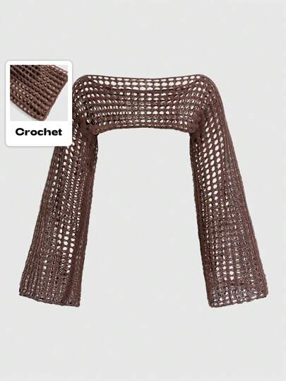 Grunge Punk Summer Crochet Hollow Out Trumpet Sleeve Open Knit Crop Sweater, School,Long Sleeve Tops