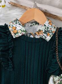 SHEIN Elladie kids 2pcs Young Girl Ditsy Floral Long Sleeve Top And Ruffle Solid Color Round Neck Dress Cute Outfit, Spring & Autumn - Multicolor - View 6