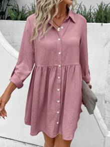SHEIN Frenchy 纯色纽扣领中长袖简约短款连衣裙 - 藕粉色 - 查看 4