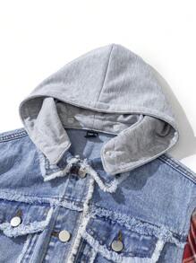 Tween Boys Casual Patchwork Plaid Washed Denim Jacket - Medium Wash - View 7