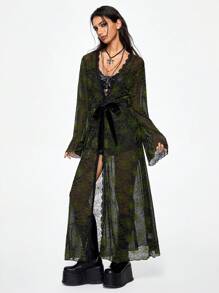 ROMWE Goth 女士神秘黑暗女巫吊兰植绒长款罩衫蕾丝边上衣 - 黑色 - 查看 4