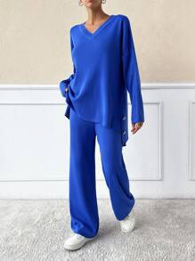 SHEIN Cottnline Drop Shoulder Split Hem Sweater & Knit Pants - Royal Blue - View 3