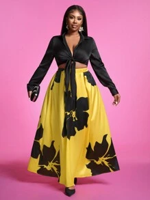 Slaydiva Plus Size Women Elastic Waist Floral Print Elegant A-Line Skirt