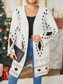 Plus Size Women's Geometric Pattern Long Sleeve Open Front Mid-Length Cardigan, Fall/Winter - Multicolor - View 4
