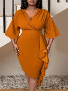 Maweii Đầm bodycon dài vừa phải co giãn cho nữ cỡ lớn, Đầm bó eo xếp nếp chắp vá, mùa thu - Màu nâu  Mocha - Xem 1