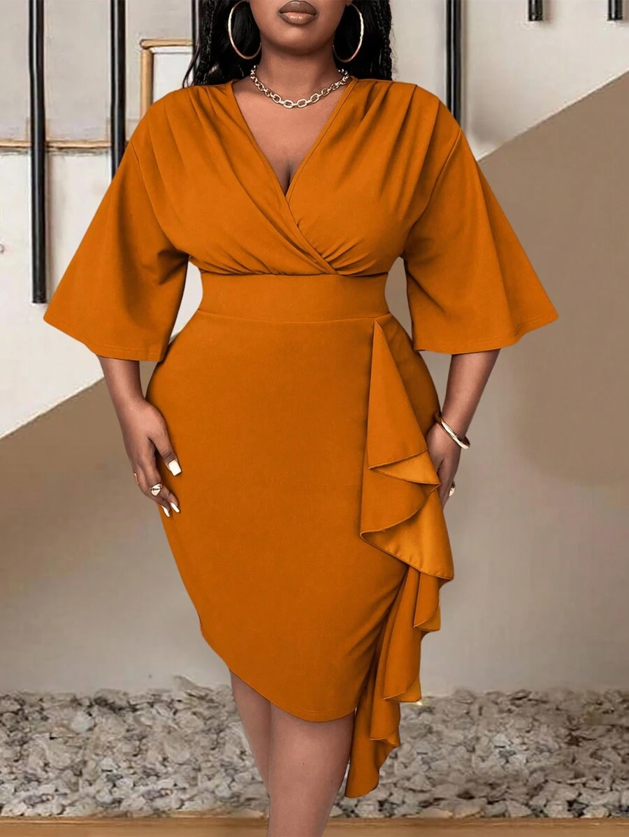 Maweii Đầm bodycon dài vừa phải co giãn cho nữ cỡ lớn, Đầm bó eo xếp nếp chắp vá, mùa thu - Màu nâu  Mocha - Xem 1