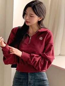 DAZY 女式翻领半拉链短款刺绣字母卫衣，秋装 - 酒紅色 - 查看 6