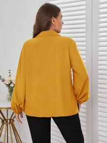 SHEIN Privé Plus Size Casual Button-Up Bell Sleeve Blouse, Autumn - Yellow - View 2