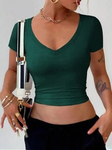 Eve Solid Color Slim Fit Sexy Waisted Y2K T-Shirt, Summer - Màu xanh lá cây đậm - Xem 9