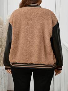 SHEIN LUNE Plus Size Women's Fashion Autumn/Winter Contrast Color Design Drop Shoulder Long Sleeve Casual Loose Baseball Jacket Warm And Comfortable Halloween Thanksgiving Outfit,Stylish Everyday Wear,Essentials,Super Warm And Soft!Casual Everyday Wear Teddy Velvet Striped Design Long Sleeve Contrast Color Baseball Collar Jacket Holiday Outfit