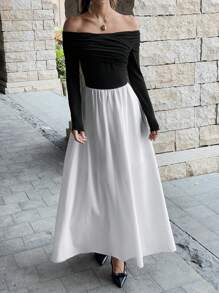 Chiquease Women's Solid Color Off Shoulder Long Sleeve Pleated Casual Dress