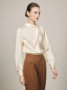 BizChic Women's Elegant Asymmetrical Design Collar Long Sleeve Blouse, Office Commute Wear - Apricot - View 7