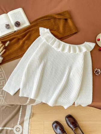 SHEIN Privé Plus Size Women Casual Ruffled Collar White Hollow Out Textured Pattern Pullover Sweater, Autumn/Winter