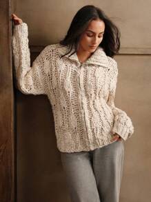 Anewsta Cárdigan con cierre de punto de cable cálido, chaqueta de suéter con elegante cuello vuelto, para otoño/invierno - Albaricoque - Ver 5