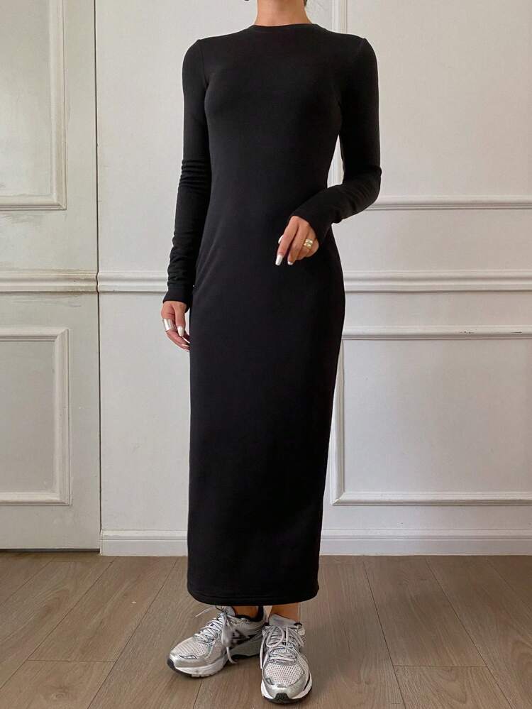 Women's Casual Solid Color Long Dress With Thermal Lined, Autumn/Winter,Fall Women Clothes Long Sleeve Dress