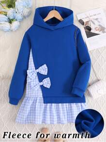 Tween Girl Blue Plaid Asymmetric Bow Hooded Sweatshirt,Cute Back-To-School School Loose Thermal Lined Warm Mid-Length Top For Autumn And Winter - Blue - View 1