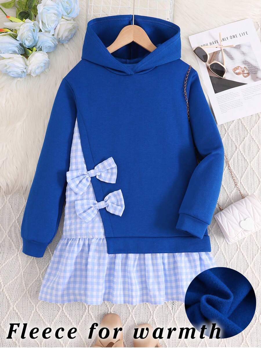 Tween Girl Blue Plaid Asymmetric Bow Hooded Sweatshirt,Cute Back-To-School School Loose Thermal Lined Warm Mid-Length Top For Autumn And Winter - Blue - View 1