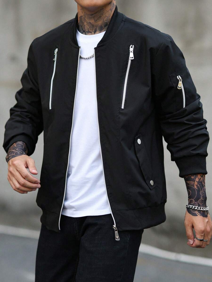 Manfinity Homme Men's Casual Zip-Front Long Sleeve Loose Fit Baseball Jacket, Spring & Fall - Black - View 1