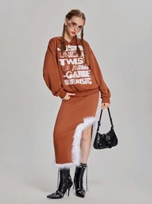 SHEIN Conjunto de 2 piezas para adolescentes: Sudadera ancha con estampado de eslogan y hombros caídos, talla grande falda alta midi con panel esponjoso - Óxido marrón - Ver 3