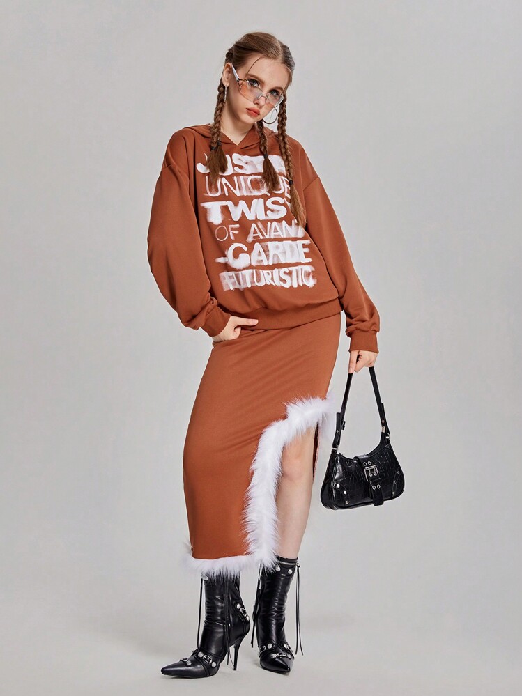 SHEIN 青少年女孩标语印花落肩宽松连帽衫和蓬松拼接高腰中裙 2 件套 - 鏽棕色 - 查看 3