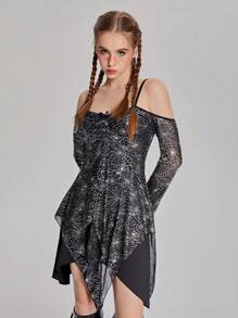 SHEIN 1 pieza Vestido de manga larga ajustado con estampado metálico para niña adolescente, primavera y otoño - Negro - Ver 4