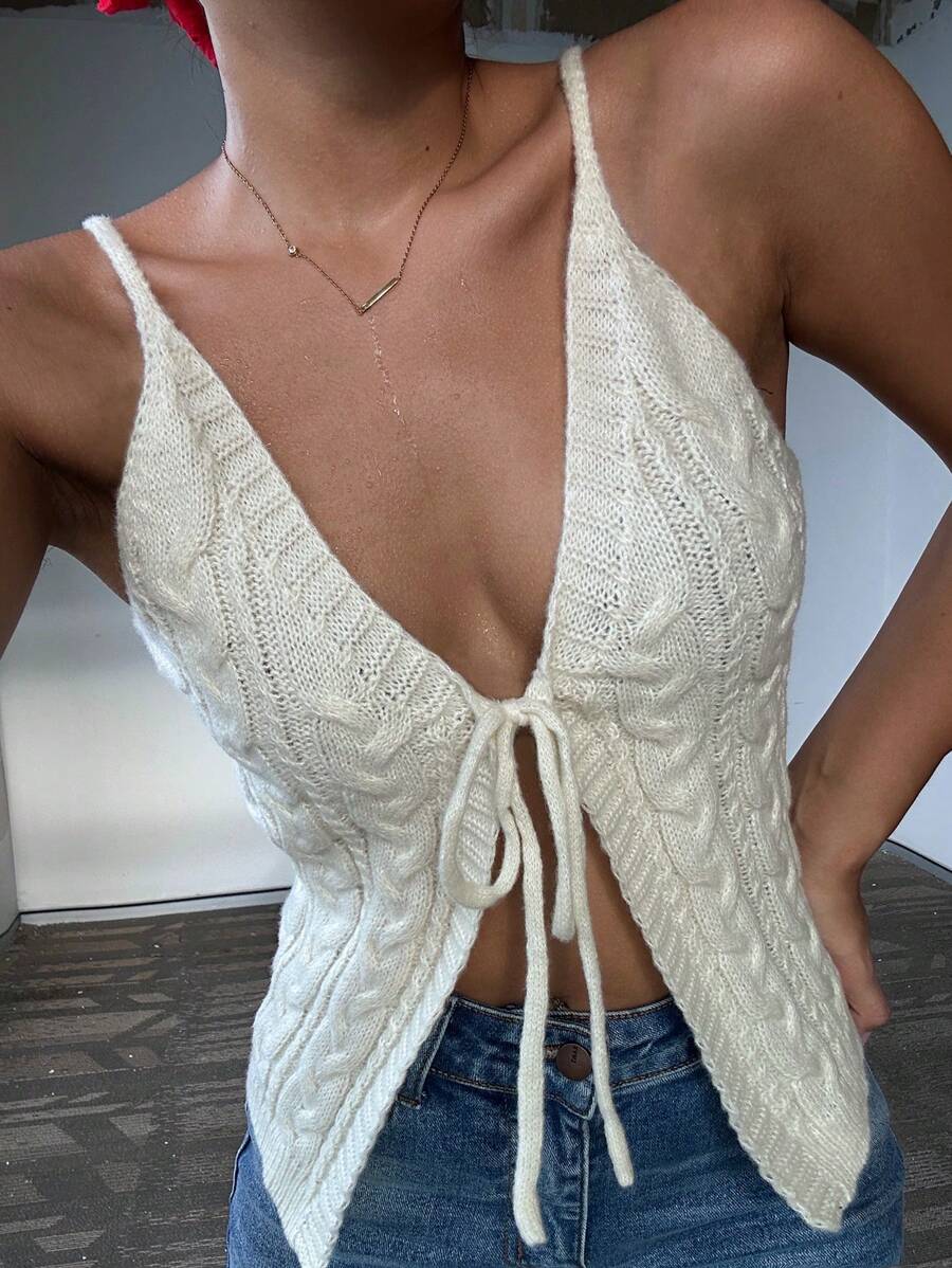 Chiquease Women's V-Neck Front Tie Camisole Knit Top, Spring Summer - Beige - View 1