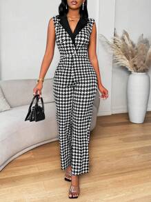 Zolique 女士简约无袖翻领连体裤，休闲日常穿着 - 黑與白 - 查看 4