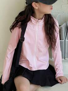 DAZY Tween Girl Plain Stand Collar Zip-Up Long Sleeve Jacket,Back To School Clothes - Pink - View 2