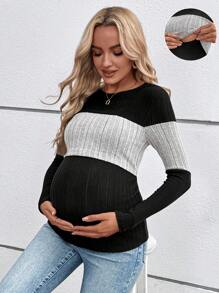 SHEIN Maternity Casual Color Block Nursing Top, Round Neck, Long Sleeve, Pregnancy T-Shirt - Light Grey - View 2