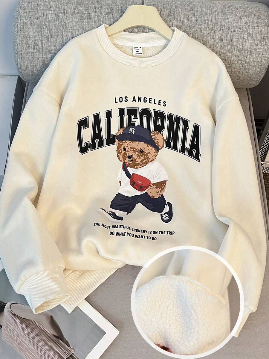 SHEIN 少女杏色泰迪熊字母印花宽松圆领卫衣