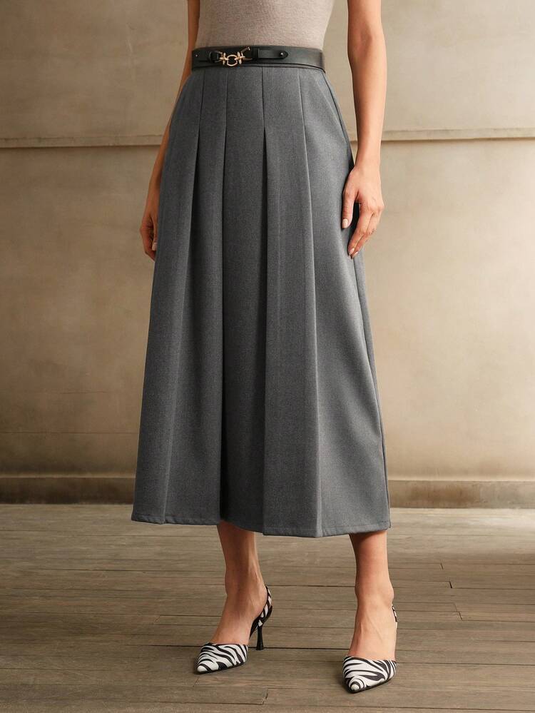 Merlot Grey Waist Belt A-Line Skirt For Women