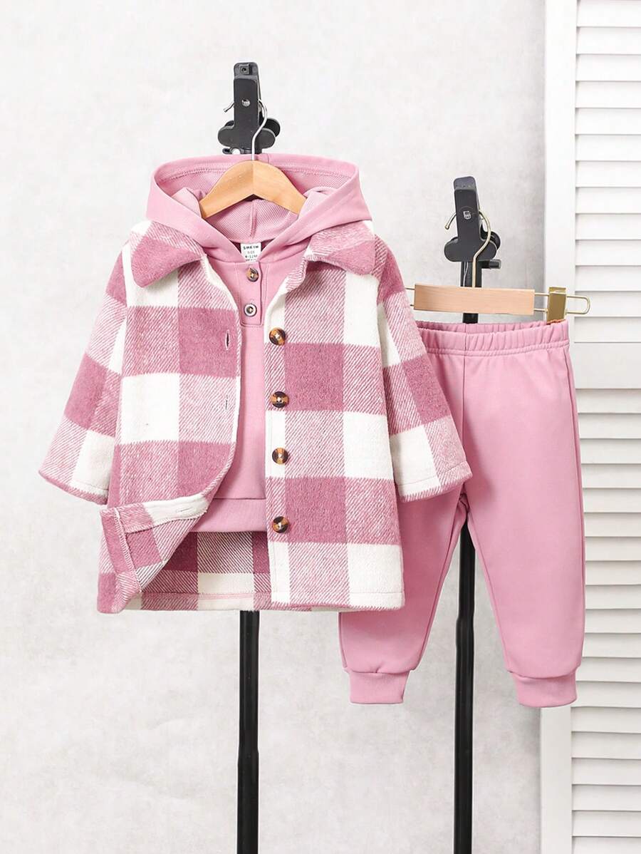 SHEIN Bộ áo khoác kẻ caro cổ điển thoải mái cho bé gái kèm áo nỉ và quần thời trang, Thu/Đông - Hồng - Xem 1
